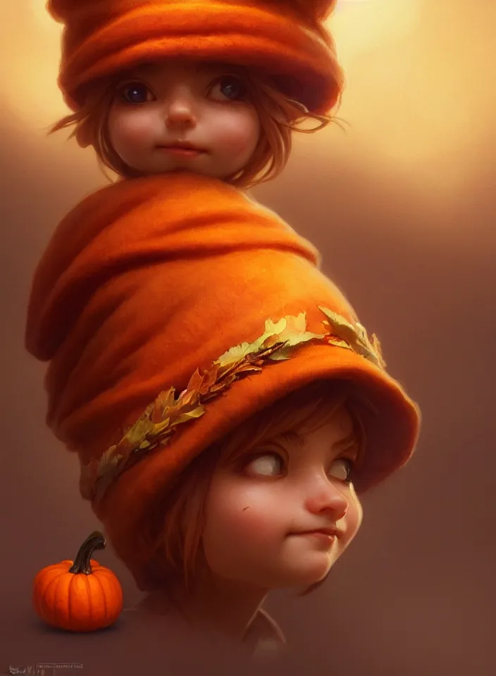 Image similar to hand drawn cute one gnomes face in autumn and pumpkin, detailed closeup face, concept art, low angle, high detail, warm lighting, volumetric, godrays, vivid, beautiful, trending on artstation, art by artgerm and greg rutkowski and alphonse mucha