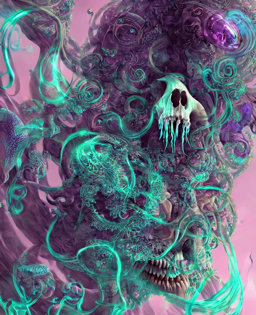 Image similar to goddess close-up portrait ram skull, thorax, x-ray, backbone, jellyfish phoenix head, nautilus, orchid, skull, betta fish, bioluminiscent creatures, intricate artwork by Tooth Wu and wlop and beeple. octane render, trending on artstation, greg rutkowski very coherent symmetrical artwork. cinematic, hyper realism, high detail, octane render, 8k