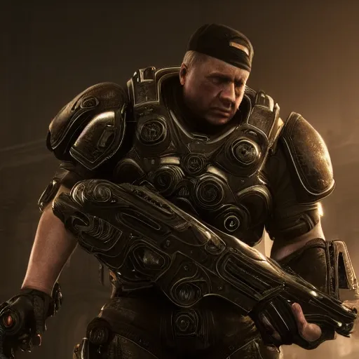 Prompt: christopher hitchens in gears of war, splash art, movie still, cinematic lighting, ray tracing, detailed face, octane render, long lens, shallow depth of field, bokeh, anamorphic lens flare, 8 k, hyper detailed, 3 5 mm film grain