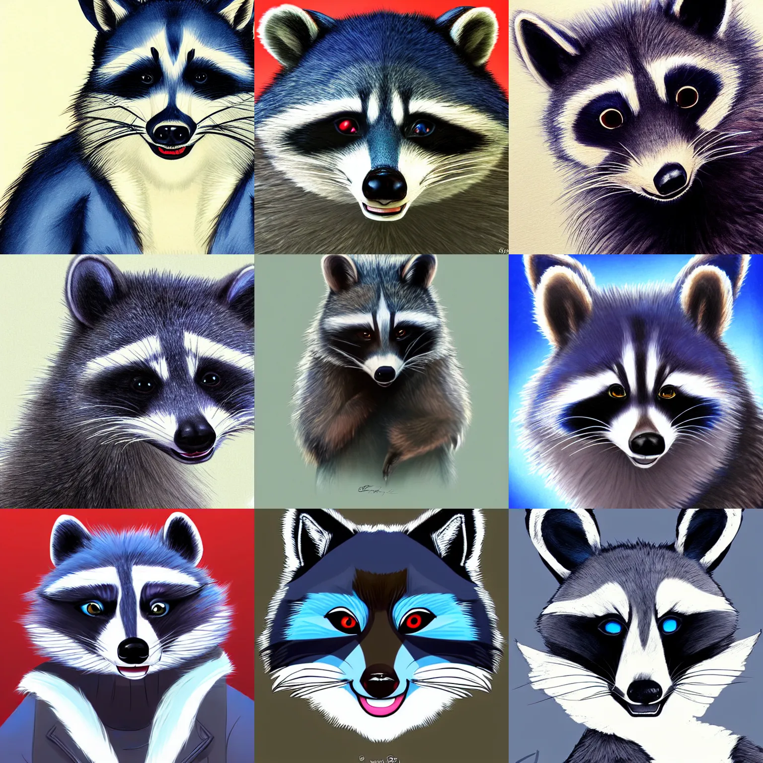 Prompt: anthro blue raccoon with red eyes, furry art, popular, style of milesdf, amazing shading, detailed