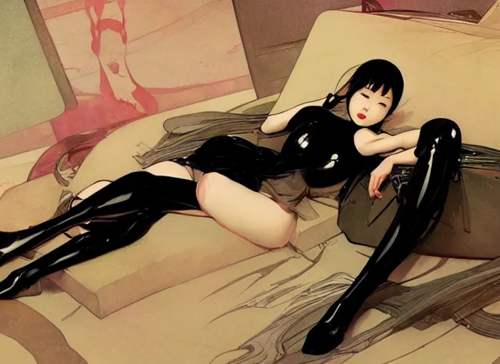 Image similar to lounging japanese girl, full body, high fashion, latex, urban, sharp, flowing, slick, highly detailed, concept art, digital art, smooth, sharp focus, hd, art by greg rutkowski and alphonse mucha and annie leibovitz