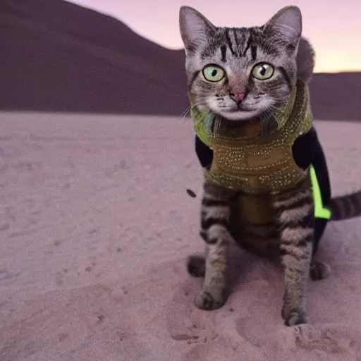 Image similar to a cat wearing modern body armor in a desert