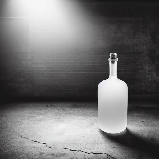 Prompt: an award - winning advertisment photo of a translucent glass vodka bottle in the shape and style of a propane cylinder on a concrete slab, dramatic studio lighting, 2 4 mm, wide angle lens, ƒ / 8, behance, sharp focus, bokeh, 8 k