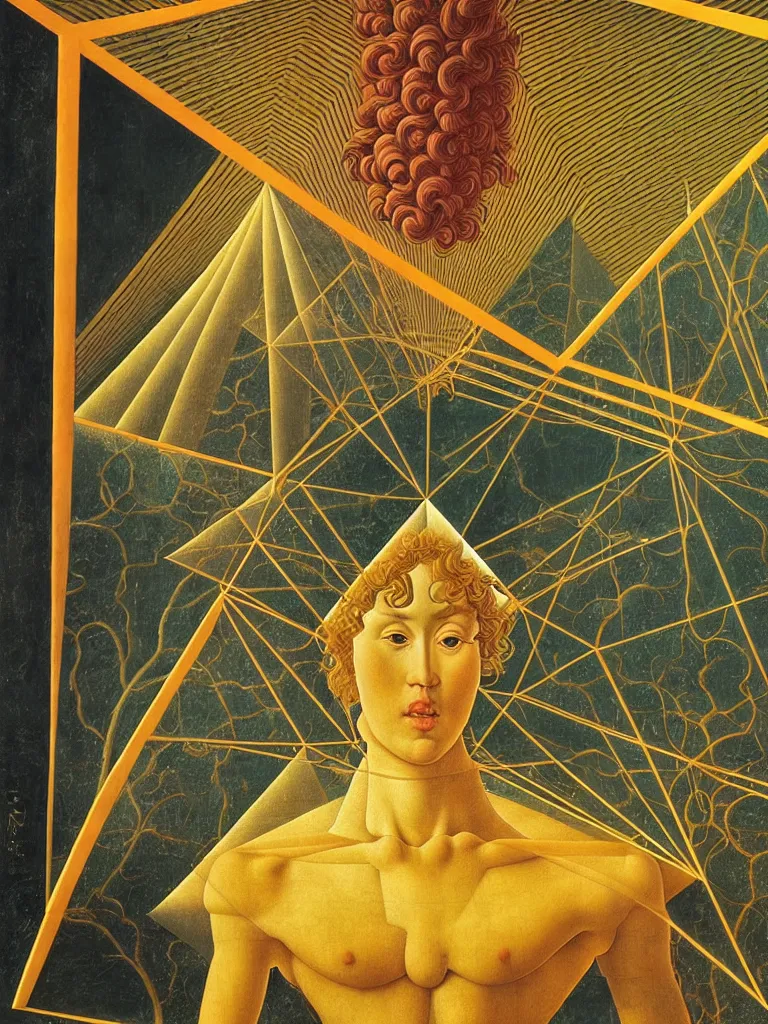 Image similar to hyperrealistic still life portrait of a mind exploding inside of a serene temple, beautiful plans, sacred geometry, light refracting through prisms in a tesseract, by sandro botticelli, botanical print, surrealism, vivid colors, serene, golden ratio, rule of thirds, negative space, minimalist composition