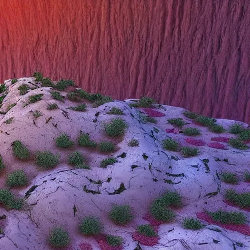 Prompt: digital art of a lush natural scene on an alien planet by lurid ( 2 0 2 2 ). beautiful landscape. weird vegetation. cliffs and water. grainy and rough. interesting colour scheme. soft warm colours. painting from high quality 3 d render. absurd.