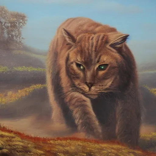 Image similar to oil painting, Wanderer in a land of extremely big giant cats, 4k
