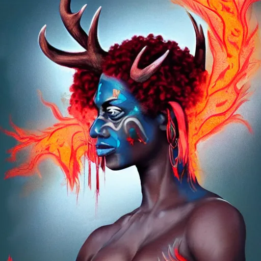 Image similar to digital illustration of a buff dark skinned woman, war face paint, shaman, red hair, antlers, character concept art + the background is a rain of fire + made by roger dean