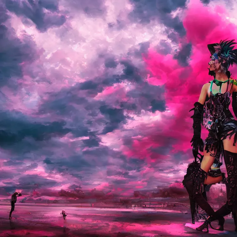 Image similar to oil painting, punk, pretty face, rich deep colors masterpiece, pink, people with mohawks, neon, ultra detailed, contrast, heaven pink, arches, clouds, sky, volumetric light, atmospheric lighting, dramatic, cinematic, steampunk, moody, octane render 4 k, 8 k