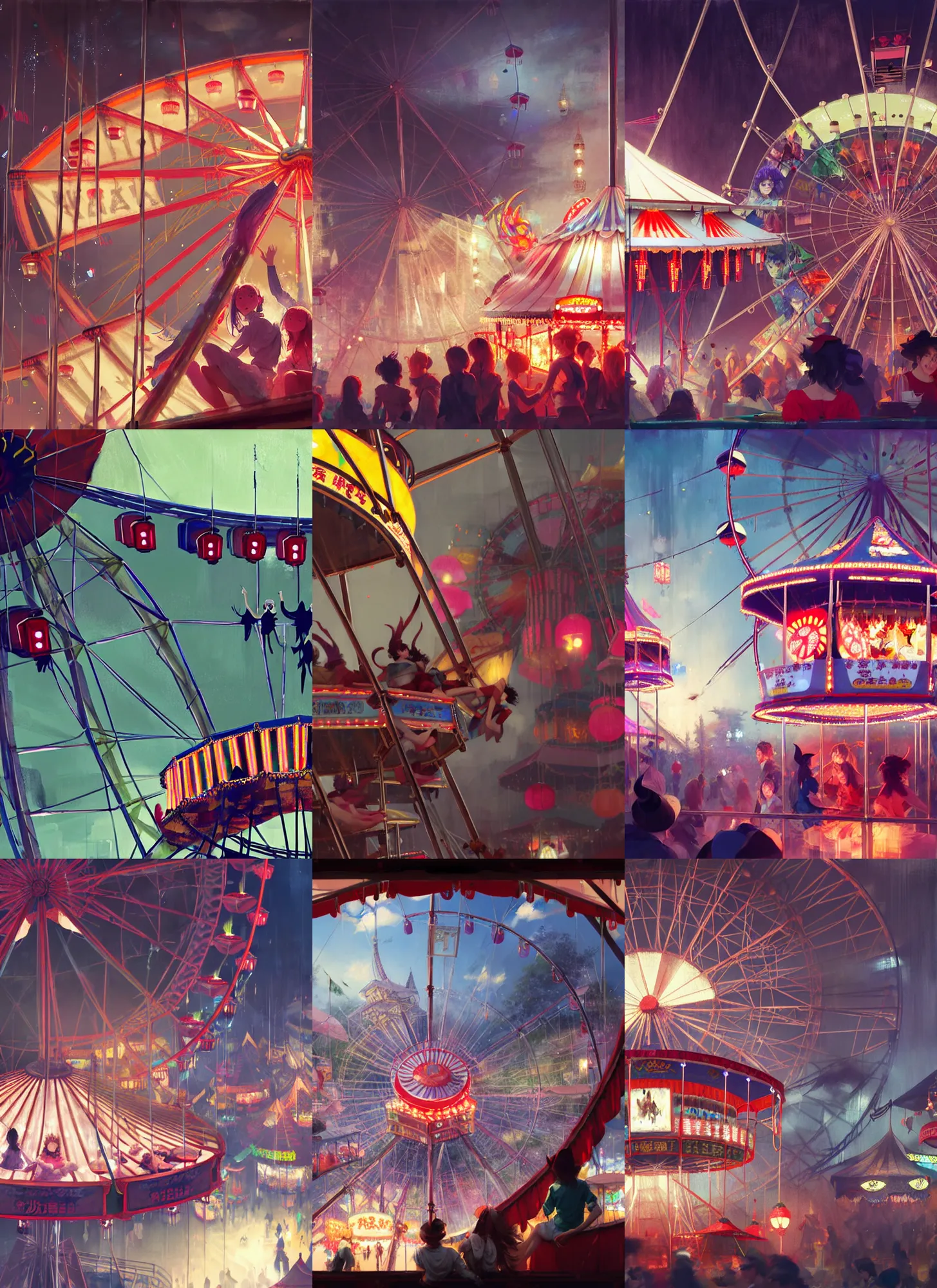 Prompt: close - up of student witches sitting in ferris wheel at a small carnival amusement, food stalls, big top circus tent, roaming entertainers, flashing lights, highly detailed, magical, japan mountains, digital painting, concept art, matte, art by ruan jia and wlop and greg rutkowski and makoto shinkai, masterpiece