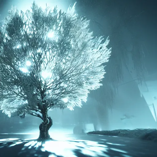 Prompt: crystal tree splash, closeup, extremely gloomy lighting, shining light and shadow, atmospheric, cinematic, unreal Engine, trending artstation hyperdetailed 8K