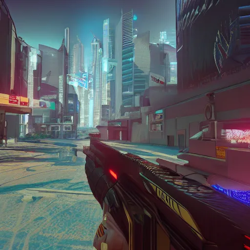 Image similar to photoreal gameplay screenshot of a 3rd person shooter cyberpunk destiny in a utopian city. Rendered in unreal