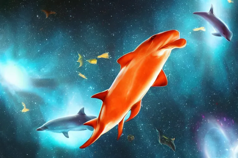 Prompt: a group of cosmic dolphins jumping out of a cosmic ocean in space, half of the screen is cosmic ocean