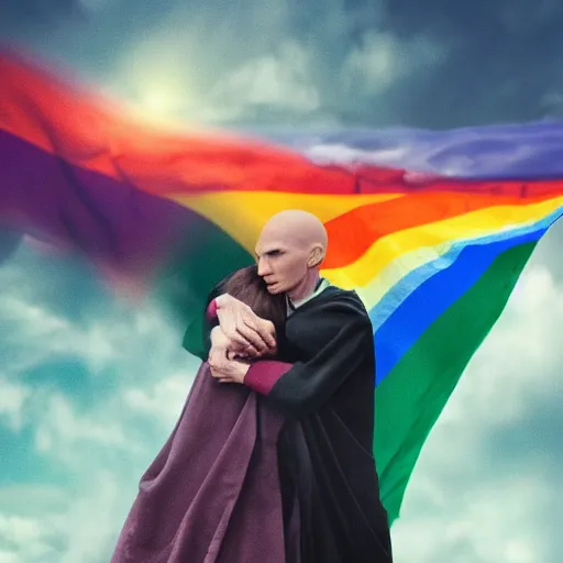 Image similar to voldemort and harry potter hugging, pride flag background