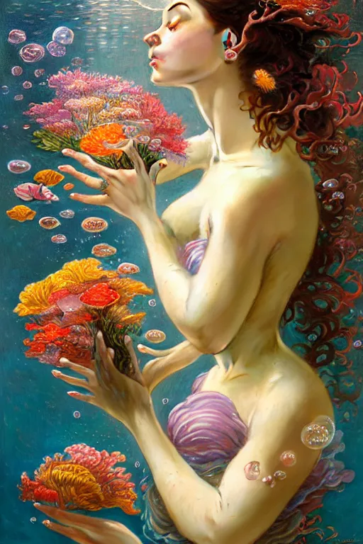 Image similar to portrait of a beautiful mysterious woman holding a bouquet of flowing flowers, small bubbles from her mouth, hands hidden under the bouquet, submerged underwater filled with colorful small fish and coral reef, fantasy, regal, intricate, by stanley artgerm lau, greg rutkowski, thomas kindkade, alphonse mucha, loish, norman rockwell