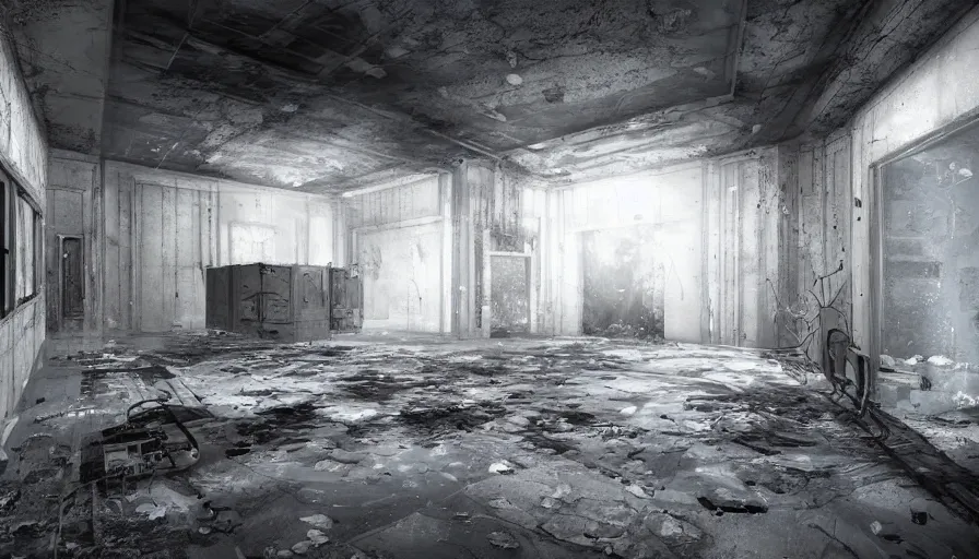 Prompt: interior of the abandoned area 5 1, secret rooms, dark corridors, white walls, hyperdetailed, artstation, cgsociety, 8 k