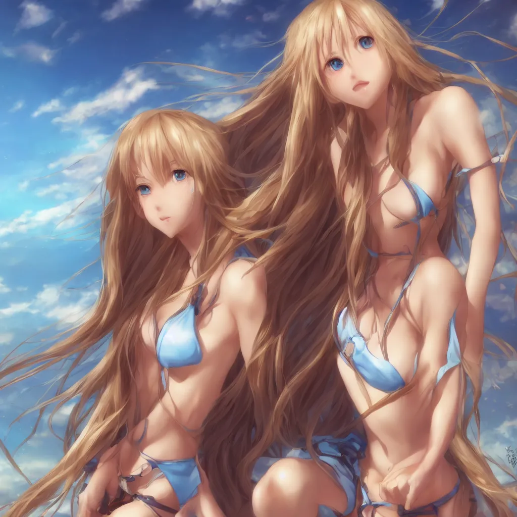 Image similar to a very beautiful young yuuki asuna, full body, long wavy blond hair, sky blue eyes, full round face,, bikini, miniskirt, front view, mid - shot, highly detailed, cinematic wallpaper by stanley artgerm lau