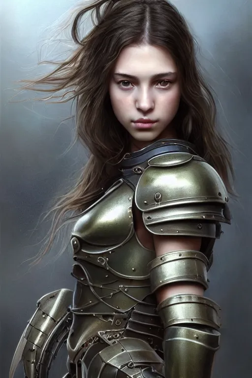 Image similar to a photorealistically painted portrait of an attractive young girl, partially clothed in dull metal-plated battle armor, olive skin, long dark hair, beautiful bone structure, symmetric facial features, perfect eyes, natural physique, intricate, elegant, digital painting, concept art, finely detailed, beautiful illustration, sharp focus, minimal artifacts, from Metal Gear, by Ruan Jia and Mandy Jurgens and Artgerm and William-Adolphe Bouguerea, in the style of Greg Rutkowski, trending on Artstation, award winning