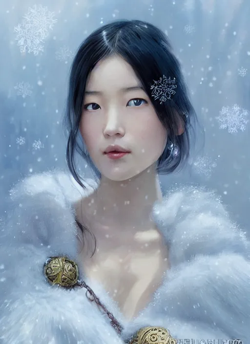 Image similar to a beautiful young charming princess asian goddess with sundress & jewelry & shinny eyes & winter, symmetric, realistic shaded, unpleasant face, good looking, fine details, dior, lv, realistic shaded lighting poster by greg rutkowski, macoto takahashi, magali villeneuve, artgerm, jeremy lipkin and michael garmash