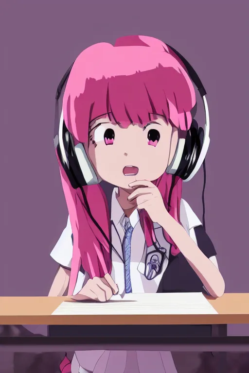 Prompt: high definition anime portrait of a pink haired anime schoolgirl sitting at a desk studying with headphones on, lo-fi art, by Studio Ghibli, trending on artstation, sharp high quality anime, digital art, photoshop, proportionate