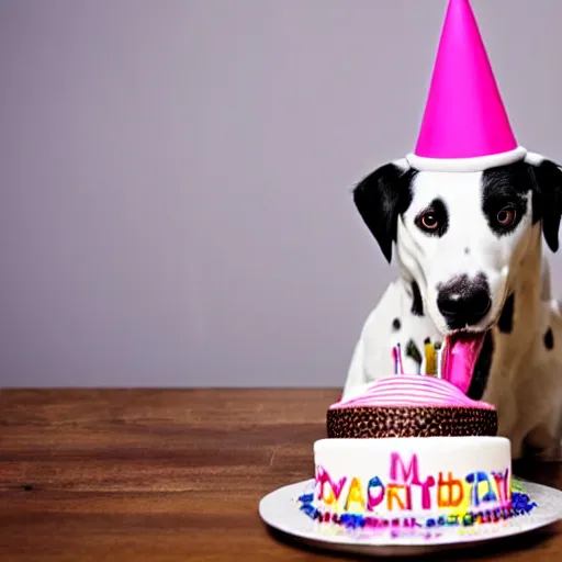 Prompt: photo of dalmatian dog with birthday hat eating a birthday cake