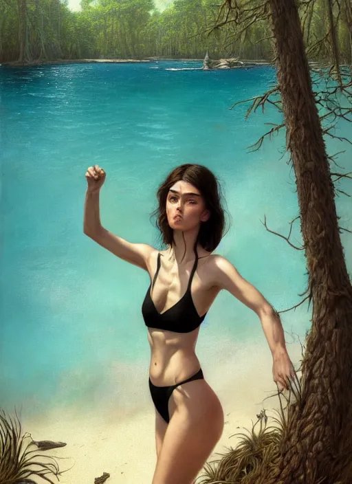 Image similar to in a stylish black swimsuit, on the sandy beach of a blue lake in a pine forest, hyperrealism, no blur, 4 k resolution, ultra detailed, style of tyler edlin, tom bagshaw, arthur rackham, ivan shishkin