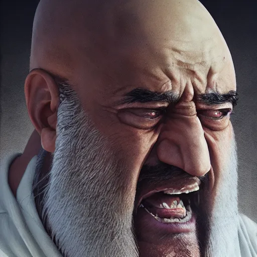 Prompt: angry iranian man, realistic, 8 k, extremely detailed, cgi, trending on artstation, hyper - realistic render, 4 k hd wallpaper, premium prints available, by greg rutkowski