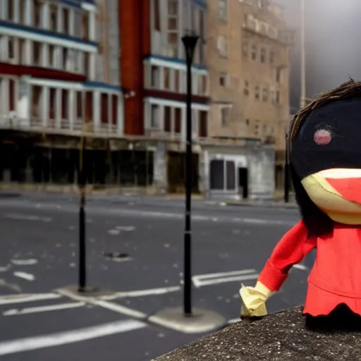 Image similar to evil toy puppet sitting in the middle of abandoned london with nuclear explosion on the background