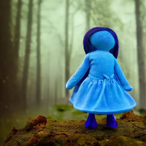 Image similar to blue snappy doll in magical forest, gifts, dark atmosphere, high detail, soft lighting, 8 k