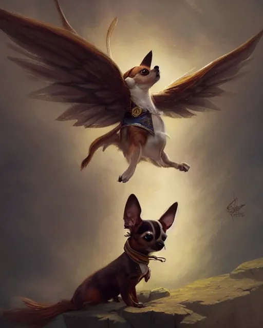 Image similar to a cute magical flying chihuahua with wings, fantasy art drawn by disney concept artists, greg rutkowski, golden colour, high quality, highly detailed, elegant, sharp focus, concept art, character concepts, digital painting, mystery, adventure