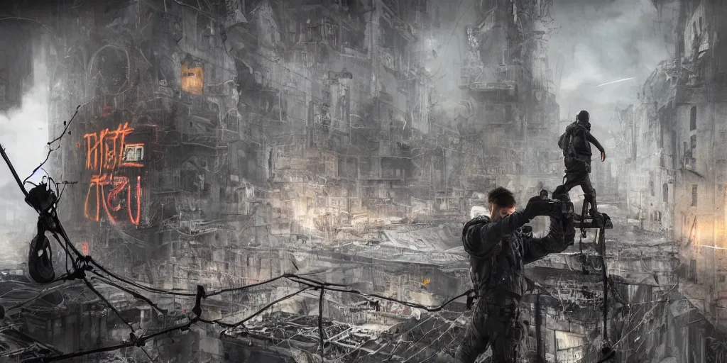 Image similar to cinematic shots of teenagers with tactical clothing and hoods hanging from wires on top of the capitol building covered with giant graffitis, dystopian future, industries in ruins, sci - fi, night lights, haze, concept art, intricate, in the style of katsuhiro otomo, akira, unreal engine