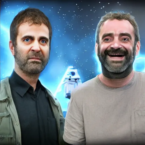 Image similar to hyperrealistic image of matt stone standing next to trey parker in the film starwars, stunning 3 d render, inspired by istvan sandorfi & greg rutkowski & unreal engine, perfect facial symmetry, dim volumetric cinematic lighting, 8 k octane comprehensive render, extremely hyper - detailed, incredibly lifelike attributes, intricate, real flesh texture, masterpiece, artstation, stunning,