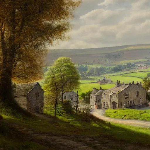 Prompt: wonderful landscape of an english town set in the yorkshire dales, high detail, 4K, UHD, High quality, Realistic, Trending on Artstation HQ, oil painting, thick brushstrokes