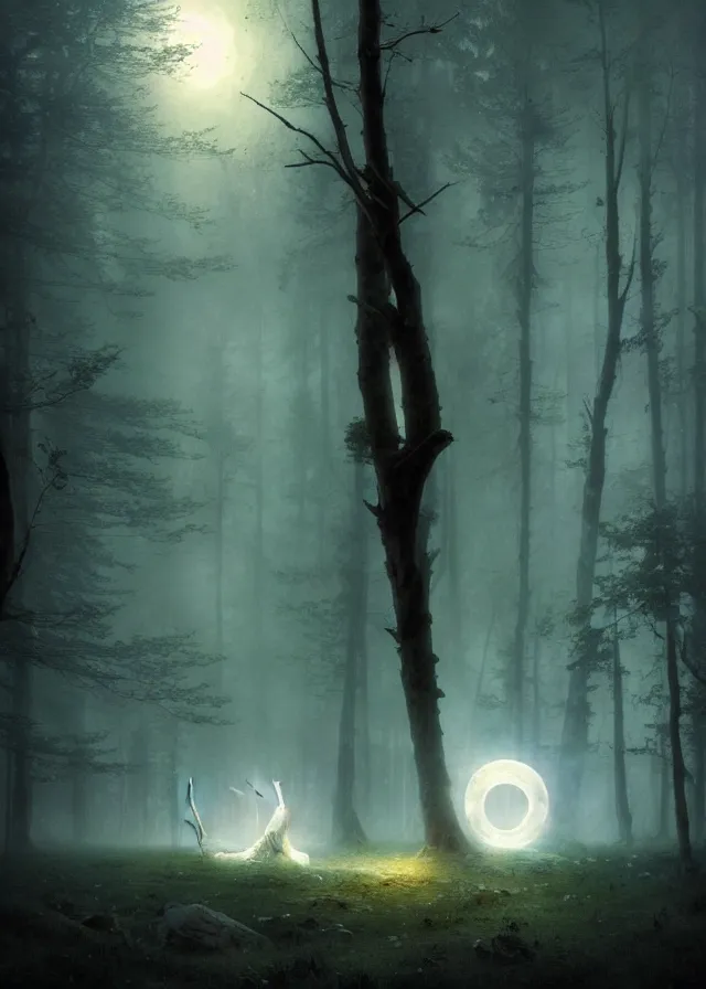 Image similar to the twilight dance of the fae by aleksi briclot, greg rutkowski and ivan aivazovsky, dancers in white lit only by the moon, contemporary dance on the forest floor, contemporary dance, volumetric, atmospheric, watercolor, surrealist, artstation, artgerm, concept art