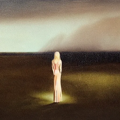 Prompt: silhouette of Elle Fanning in a field in the world of Adam Wyeth, a tornado spins in the background, stormy weather, extremely detailed masterpiece, oil on canvas, low-key neon lighting, artstation, Blade Runner 2049, Roger Deakin’s cinematography, by J. C. Leyendecker and Peter Paul Rubens,