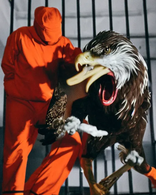 Image similar to Medium shot photo of eagles biting scared Donald Trump in prison jail wearing orange pajamas, octane, dramatic lighting, editorial photo, 35mm, very detailed