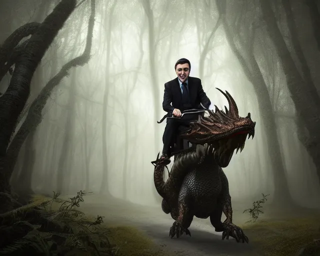 Image similar to 5 5 mm portrait photo of mr bean riding a dragon, in a magical forest. dark atmosphere. art by greg rutkowski. highly detailed 8 k. intricate. lifelike. soft light. nikon d 8 5 0.