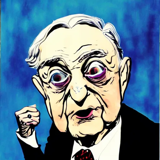 Image similar to George Soros by Ralph Steadman, illustration, body horror, biopunk