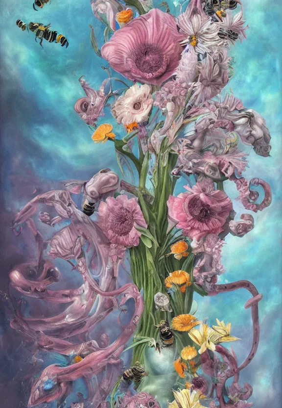 Image similar to a biomorphic painting of a vase with flowers and eyeballs in it, a surrealist painting by marco mazzoni, by dorothea tanning, pastel blues and pinks, bees, featured on artstation, metaphysical painting, oil on canvas, fluid acrylic pour art, airbrush art, seapunk, rococo, lovecraftian