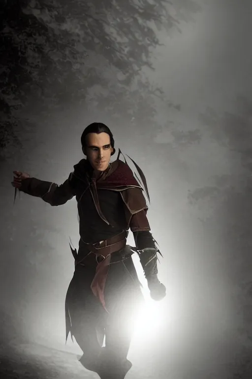 Prompt: Liam O'Brien as Vax'ildan from Vox Machina, Half-elf Rogue, realistic cinematic shot, swirling nature magic, subtle fog and mood lighting