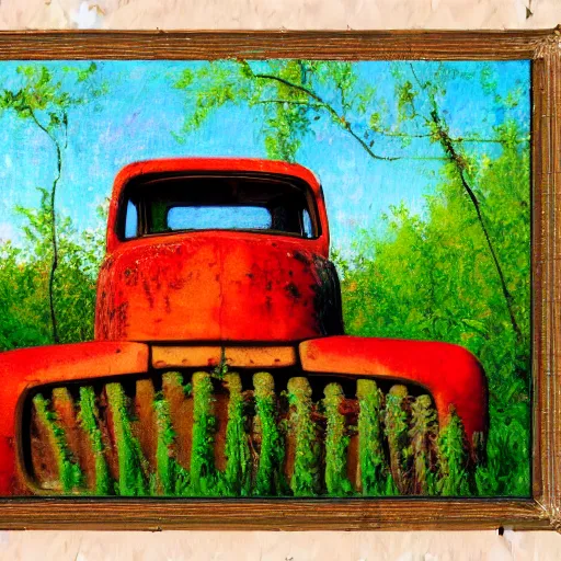 Image similar to impressionist painting of an old rusty pickup truck overrun by very thick kudzu