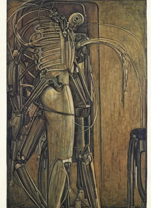 Prompt: a portrait of a robot cyborg by Edward Burne-Jones, pre-raphaelite style