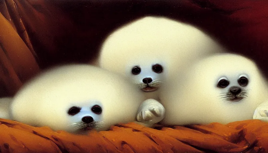 Prompt: highly detailed painting of cute furry white baby seals cuddling up on a brown leather sofa with ice by ivan aivazovsky, thick brush strokes and visible paint layers, 4 k resolution, lounge background