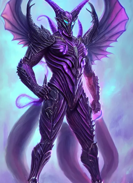 Image similar to muscular and tall purple ghostly fire humanoid dragon!!!! draconian!! intricate ornate iridescent heavy armor!! character concept art, sharp focus, octane render! unreal engine 5! highly rendered!! trending on artstation!! detailed linework!! illustration by artgerm, wlop, and chie yoshii