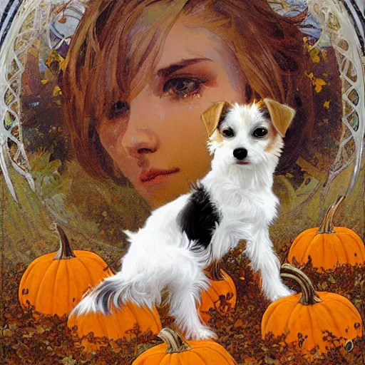 Prompt: a very cute scruffy long haired jack russell terrier puppy, white with brown spots and a brown patch over each eye, amidst piles of pumpkins. halloween autumn fall art. beautiful painting by alphonse mucha and artgerm and greg rutkowski