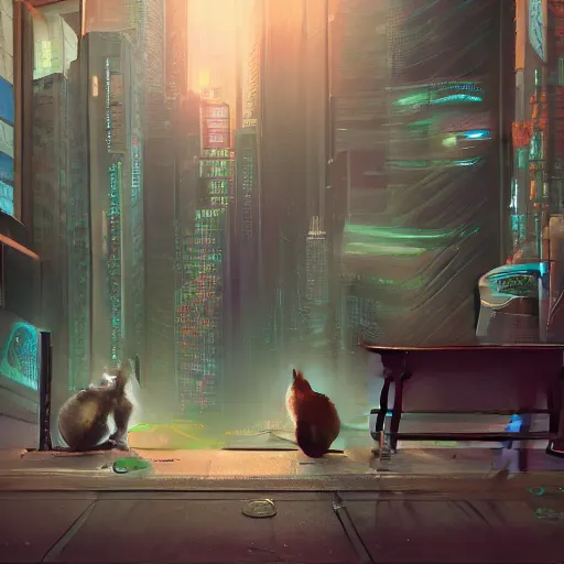 Image similar to long shot of cat sitting on a bench in a cyberpunk city, highly detailed, digital painting, artstation, concept art, sharp focus, illustration, octane render, award winning