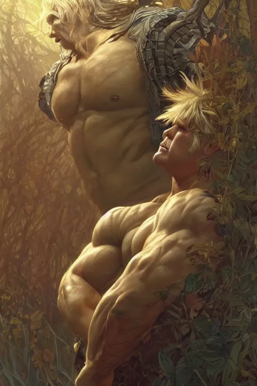 Image similar to portrait of boris johnson as a hulking herculean demon, forest, godlike, full body, fantasy, intricate, elegant, highly detailed, digital painting, artstation, concept art, sharp focus, illustration, art by artgerm and greg rutkowski and alphonse mucha