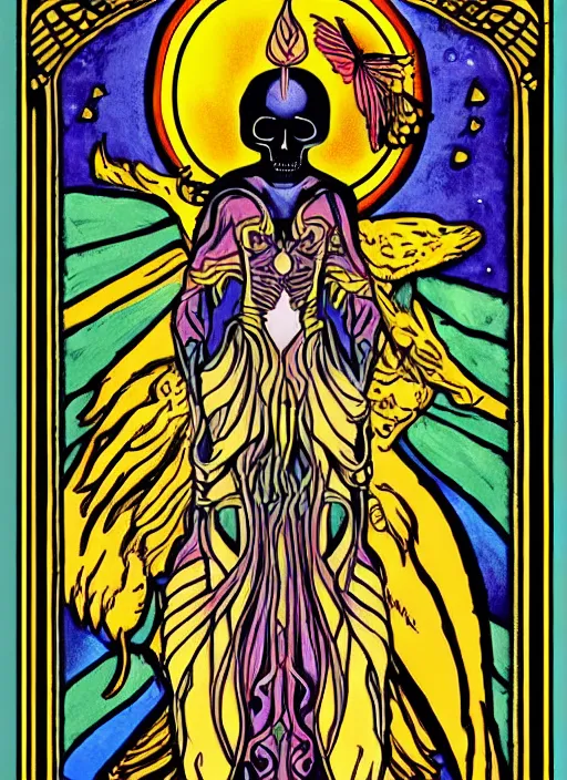 Image similar to beautiful tarot illustration of death, mystical colors, trending on artstation