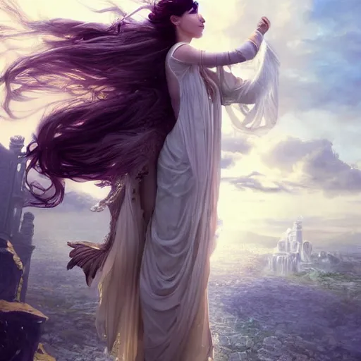 Prompt: a beautiful sorceress floating on air with elegant looks, flowing robe, ornate and flowing, intricate and soft by miho hirano, ruan jia, tom bagshaw,, wlop, beautiful roman architectural ruins in the background, epic sky, half body shot, vray render, artstation, deviantart, pinterest, 5 0 0 px models