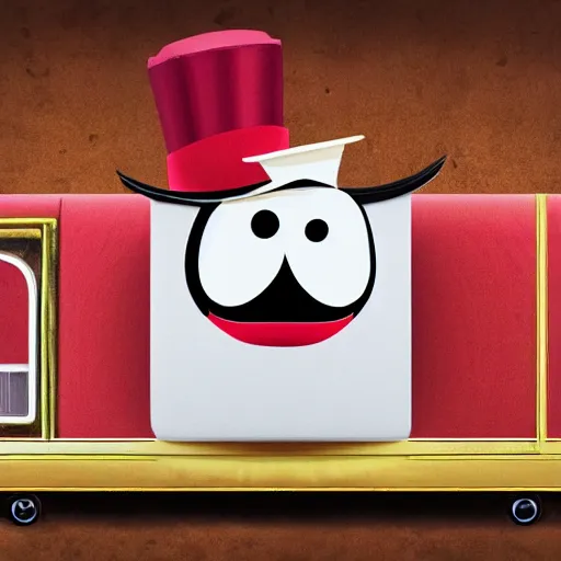 Image similar to a sentient radish wearing a top hat and monocle, greets travellers on a lavish train, realistic rendering