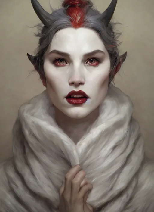 Prompt: demon white horns, elegant, wearing a long coat, hyper realistic, extremely detailed, dnd character art portrait, fantasy art,, dramatic lighting, vivid colors, artstation, by edgar maxence and caravaggio and michael whelan and delacroix, lois van baarle and bouguereau